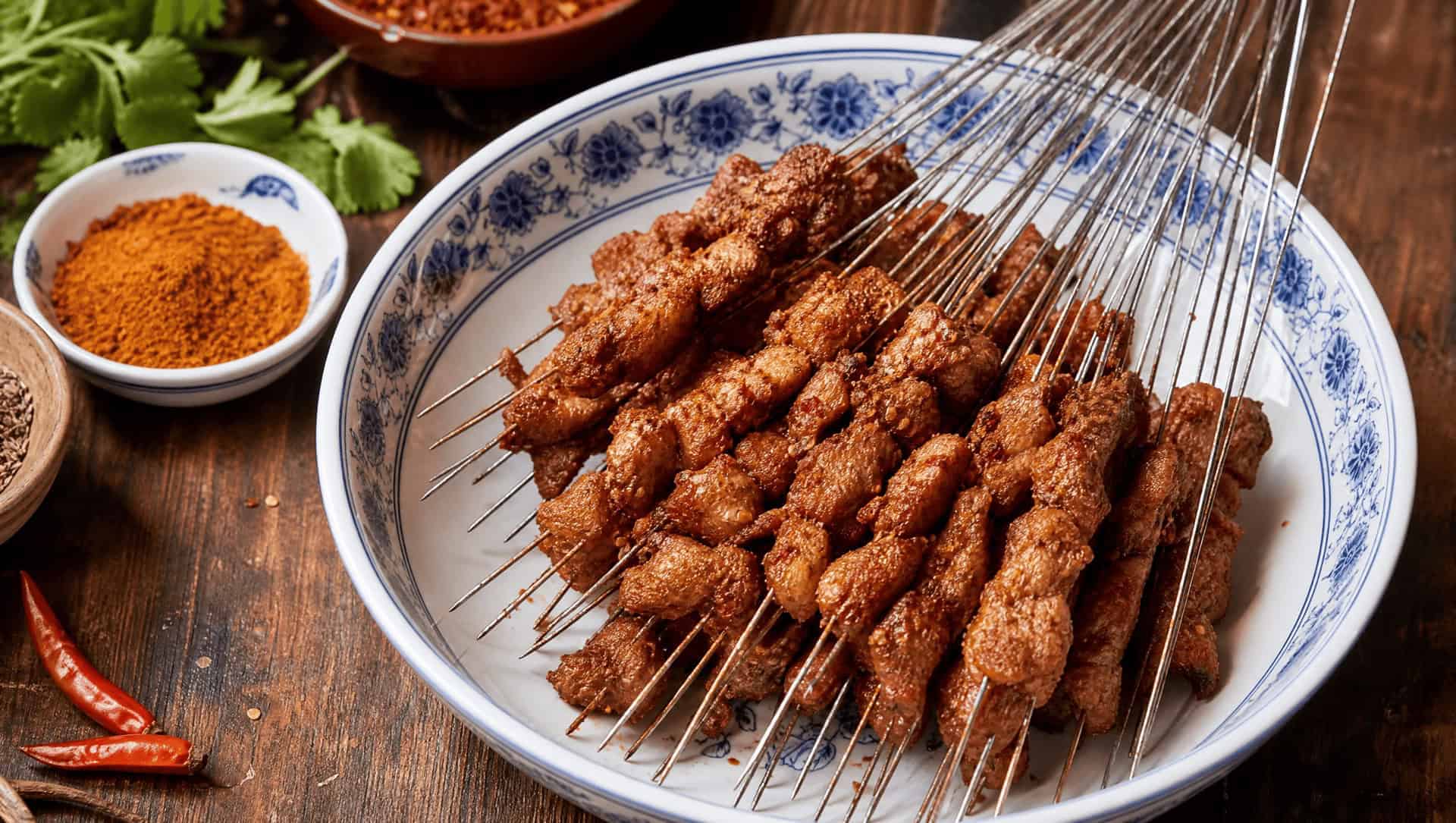 Cumin-and-chili grilled lamb skewers (yangrouchuan), the Hui barbecue of Xi'an's markets