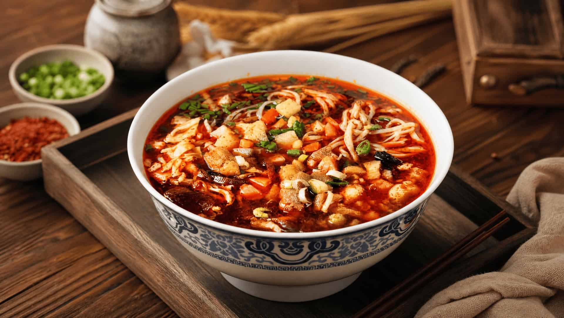 Qishan saozi noodles — thin noodles in a sour-hot broth with a fine dice of meat and vegetables