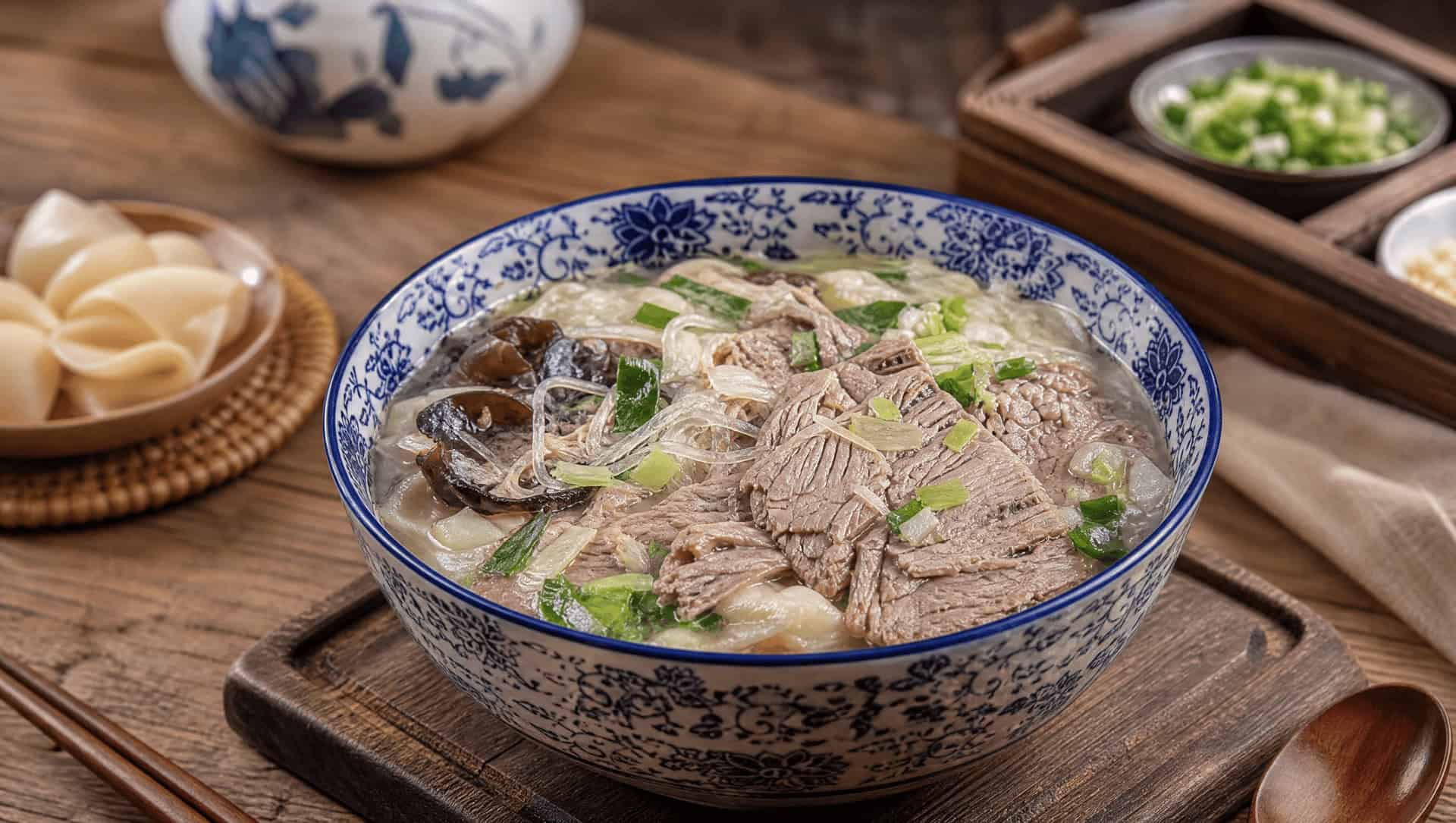 Yangrou paomo: lamb broth with hand-torn bread and chili paste