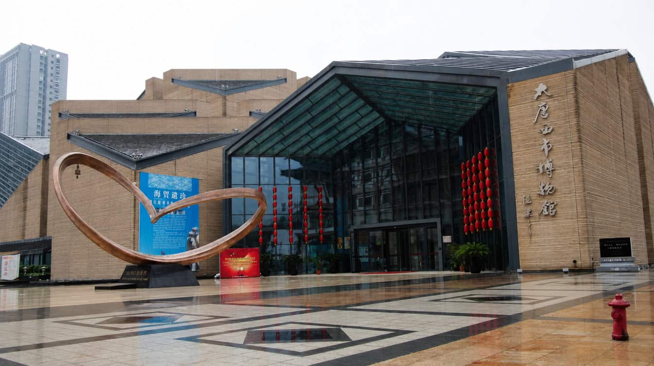 Red lanterns and a loop sculpture before the tan-brick Datang West Market museum