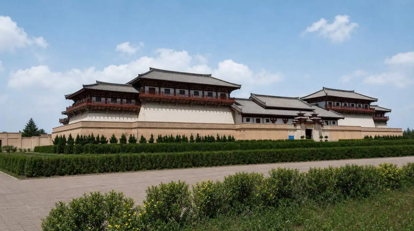 Palace-style halls and rammed-earth walls at the Hanyangling mausoleum site