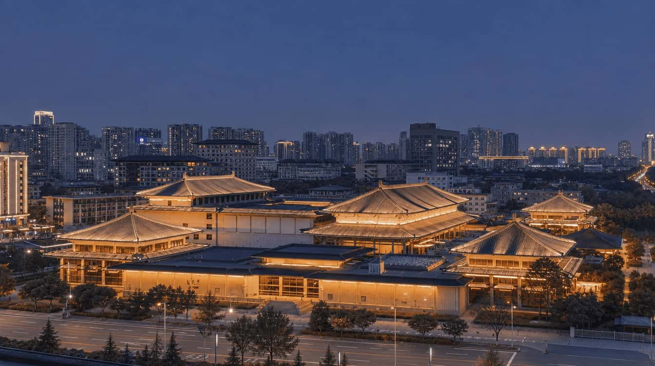 The Tang-style halls of the Shaanxi History Museum glowing at dusk