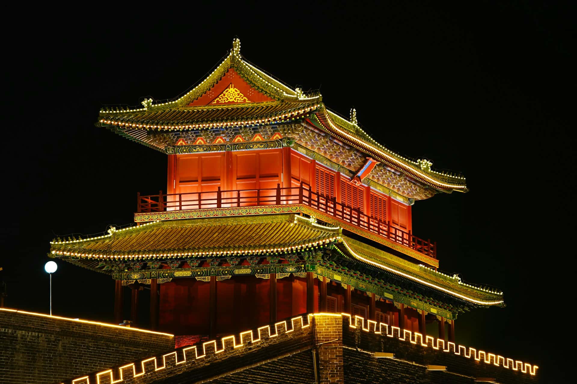 Tang-style palace pavilion illuminated at night, Tang Paradise