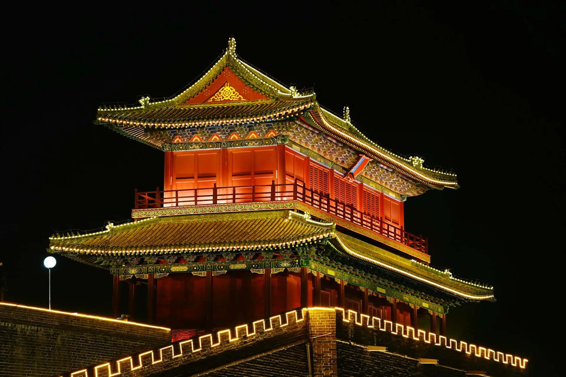 Tang-style palace pavilion illuminated at night, Tang Paradise