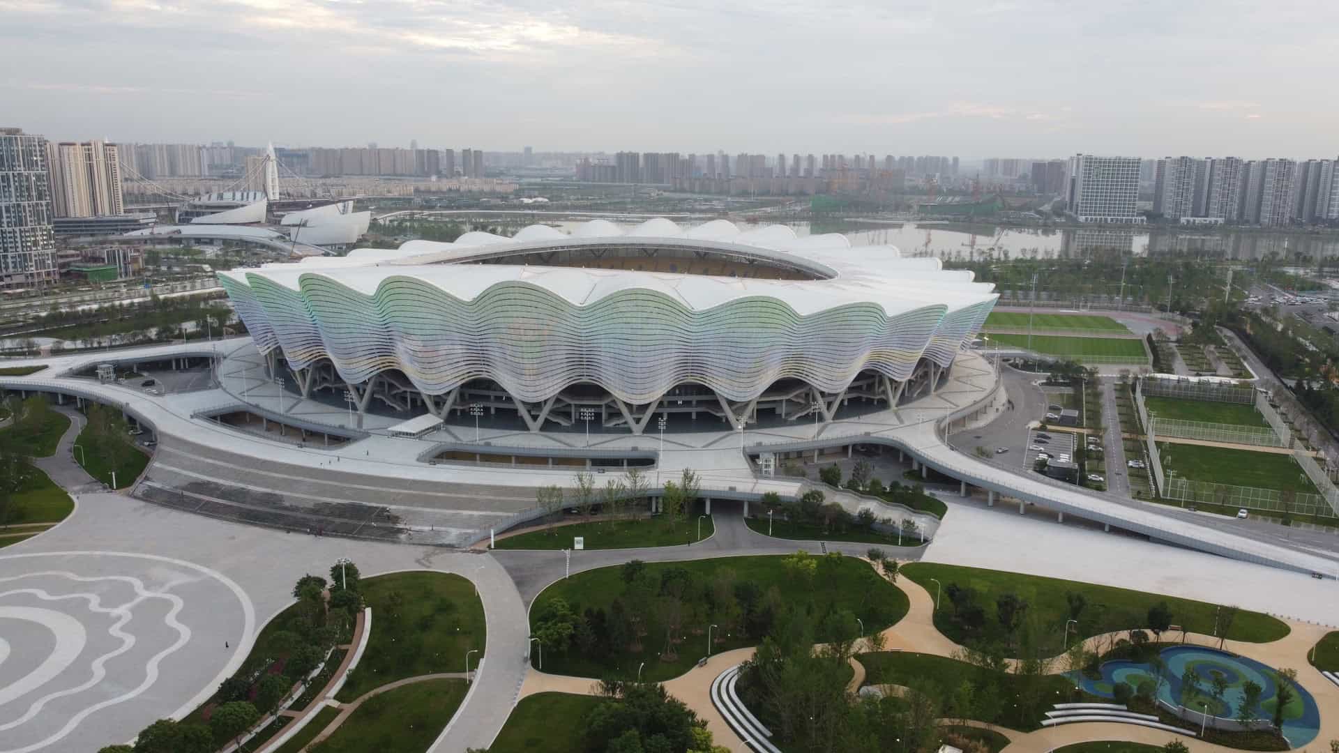 Aerial view of Xi'an Olympic Sports Center, the pomegranate-flower stadium by the Ba River
