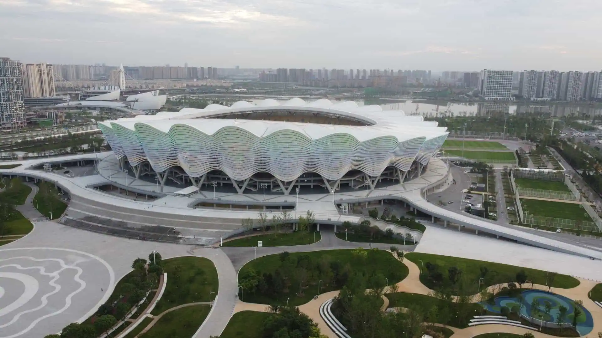 Aerial view of Xi'an Olympic Sports Center, the pomegranate-flower stadium by the Ba River